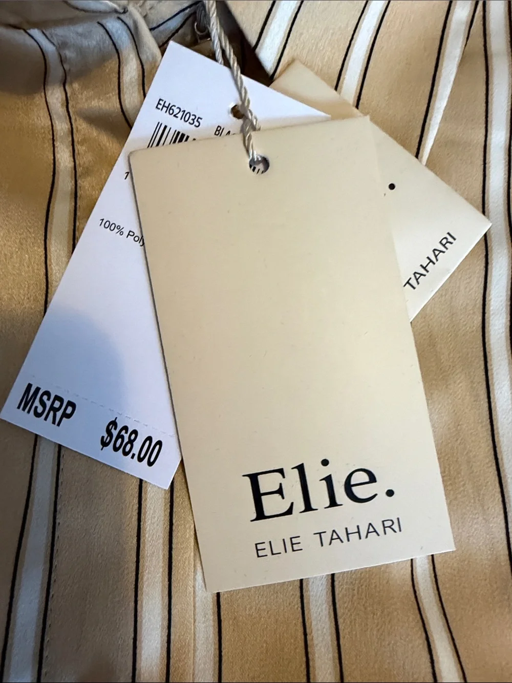 Elie Tahari Smartly Styled Striped Silky Button-Up Blouse Tan & White Med NWT
